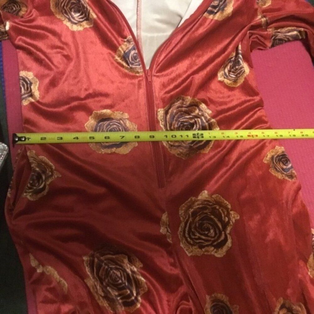 Oyrosy Elegant Red Floral Rose Velvet Zip up  Long Sleeve  Retro Jumpsuit M - Picture 8 of 13